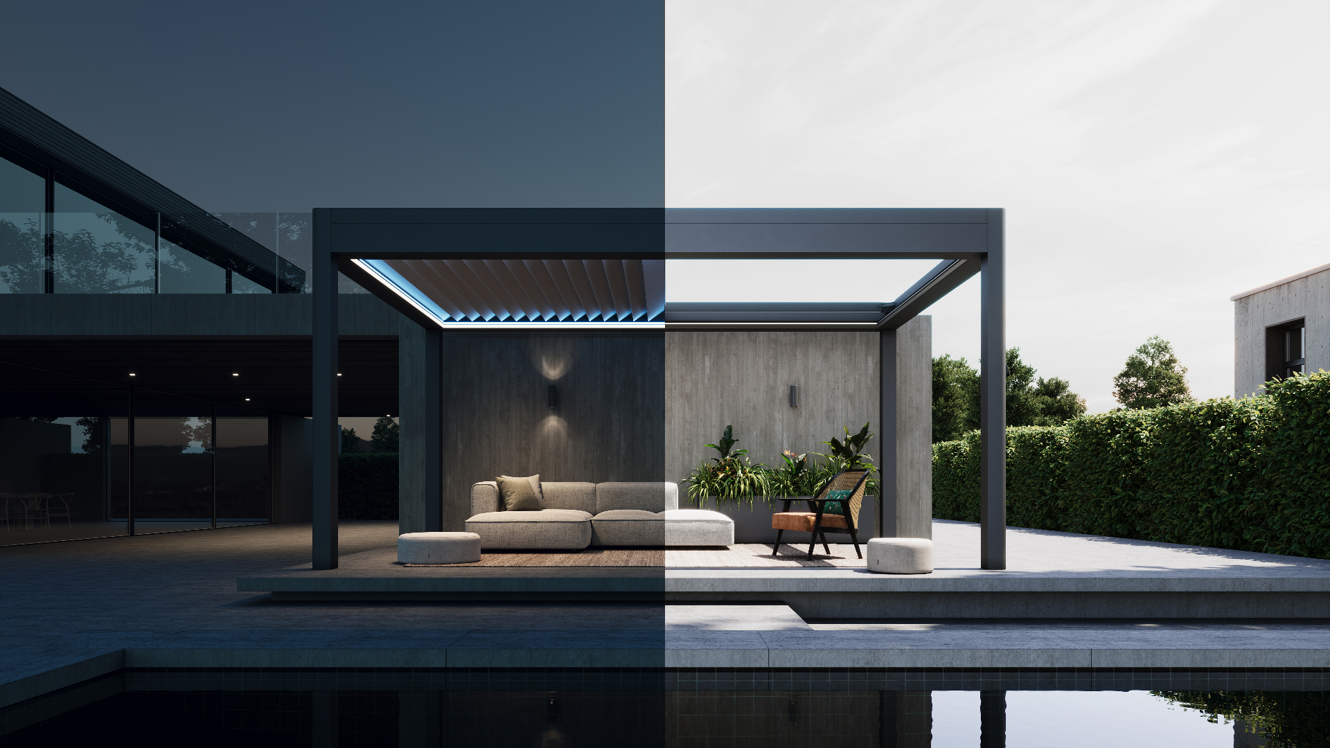 Modern bioclimatic pergola with pool and luxury outdoor living