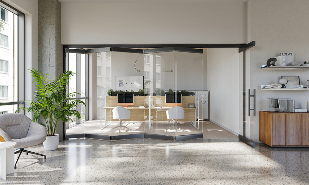 Horizontal sliding glass wall system for commercial spaces